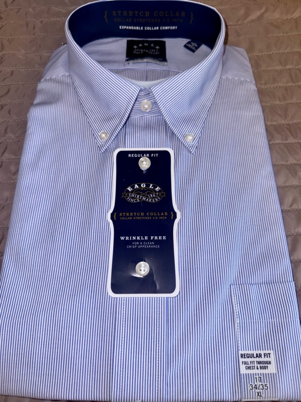 Eagle Shirtmakers Blue and White Stripped Dress Shirt with Button-Down Collar